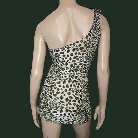 Y2K Leopard Print Mini Dress Size S One Shoulder Khaki Green Glitter Mcbling - Picture 6 of 9